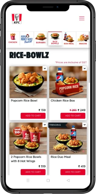 KFC food App menu
